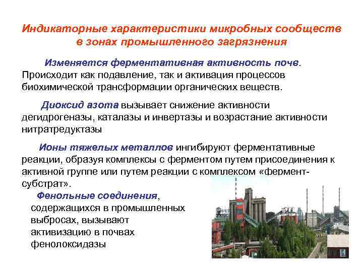 Индикаторные характеристики микробных сообществ в зонах промышленного загрязнения Изменяется ферментативная активность почв. Происходит как