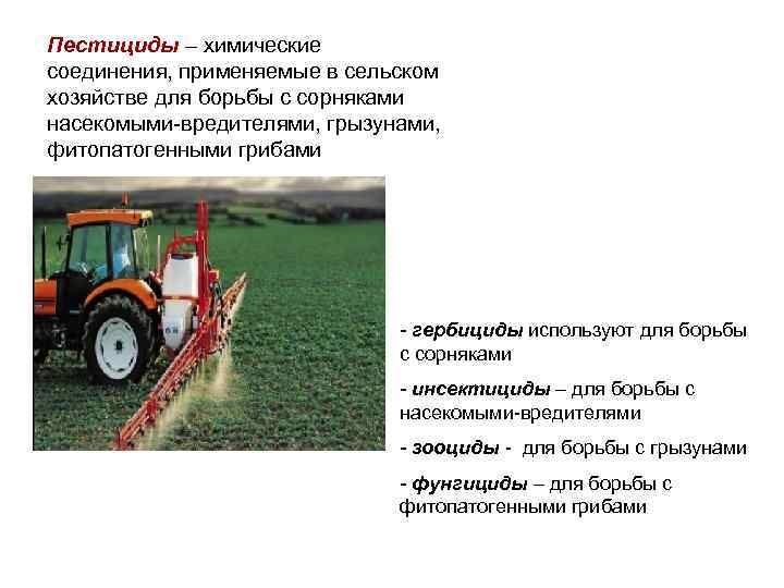 Пестициды – химические соединения, применяемые в сельском хозяйстве для борьбы с сорняками насекомыми-вредителями, грызунами,