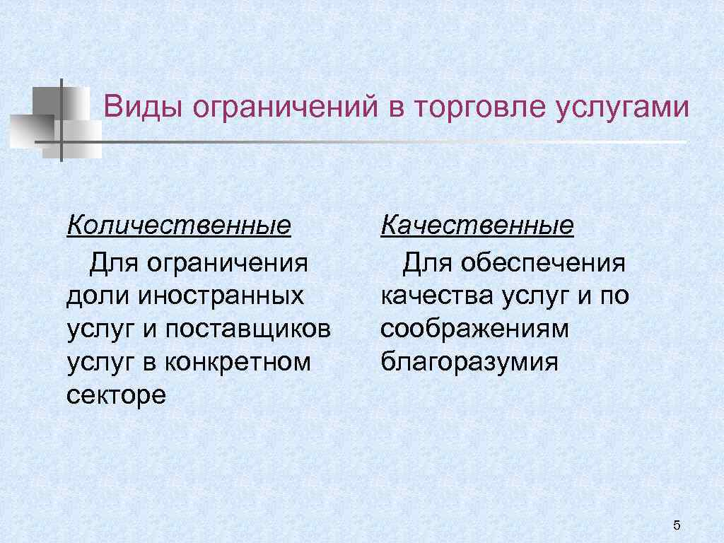 Виды ограничений в торговле услугами Количественные Для ограничения доли иностранных услуг и поставщиков услуг
