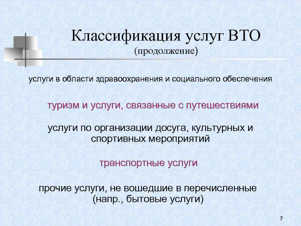 Классификация услуг ВТО (продолжение) услуги в области здравоохранения и социального обеспечения туризм и услуги,