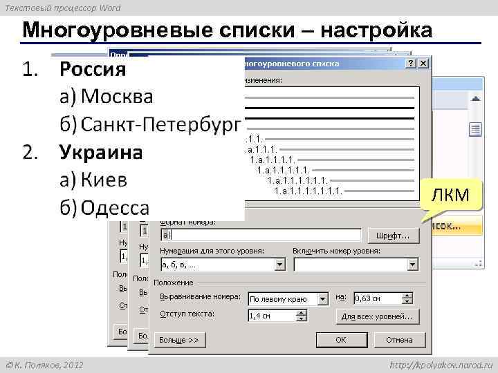 Текстовый процессор Word Многоуровневые списки – настройка ЛКМ К. Поляков, 2012 http: //kpolyakov. narod.