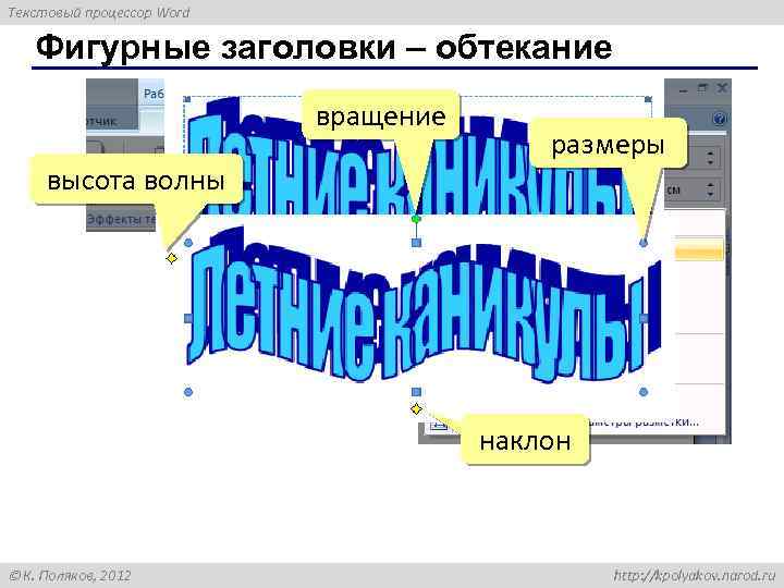 Текстовый процессор Word Фигурные заголовки – обтекание вращение высота волны размеры наклон К. Поляков,