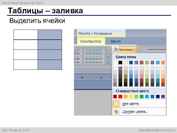 Текстовый процессор Word Таблицы – заливка Выделить ячейки К. Поляков, 2012 http: //kpolyakov. narod.