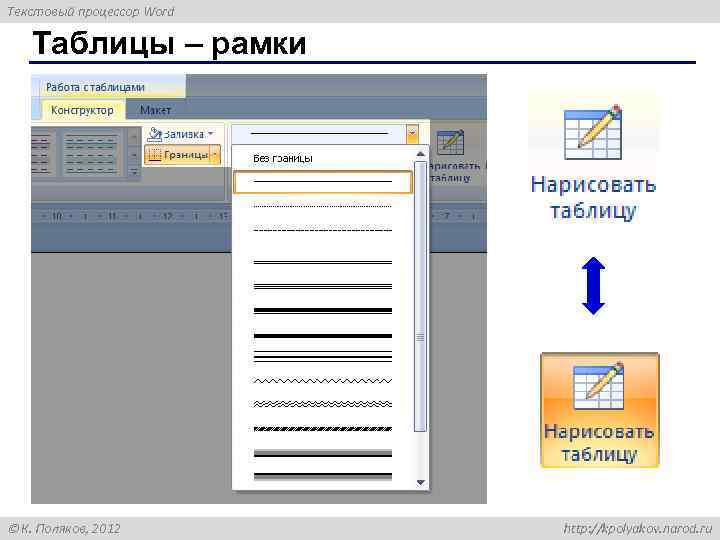 Текстовый процессор Word Таблицы – рамки К. Поляков, 2012 http: //kpolyakov. narod. ru 