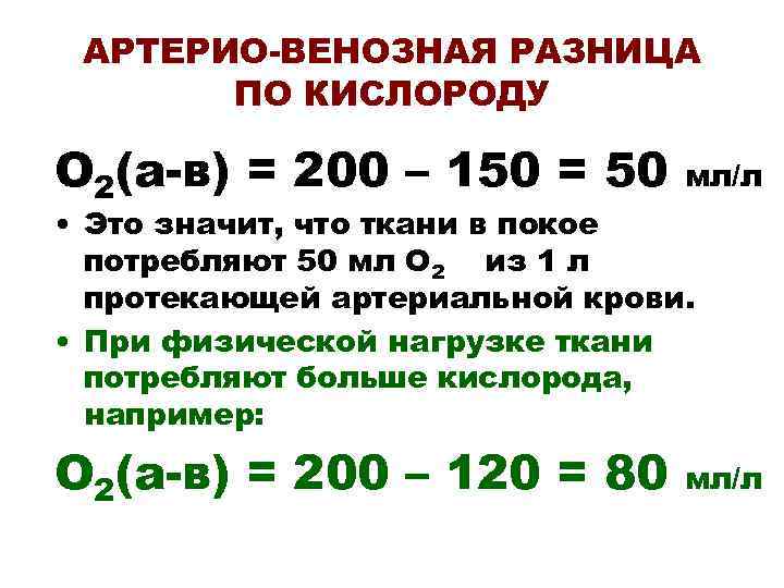 АРТЕРИО-ВЕНОЗНАЯ РАЗНИЦА ПО КИСЛОРОДУ О 2(а-в) = 200 – 150 = 50 мл/л О
