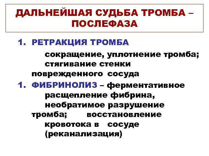 ДАЛЬНЕЙШАЯ СУДЬБА ТРОМБА – ПОСЛЕФАЗА 1. РЕТРАКЦИЯ ТРОМБА сокращение, уплотнение тромба; стягивание стенки поврежденного