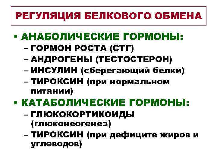 РЕГУЛЯЦИЯ БЕЛКОВОГО ОБМЕНА • АНАБОЛИЧЕСКИЕ ГОРМОНЫ: – ГОРМОН РОСТА (СТГ) – АНДРОГЕНЫ (ТЕСТОСТЕРОН) –