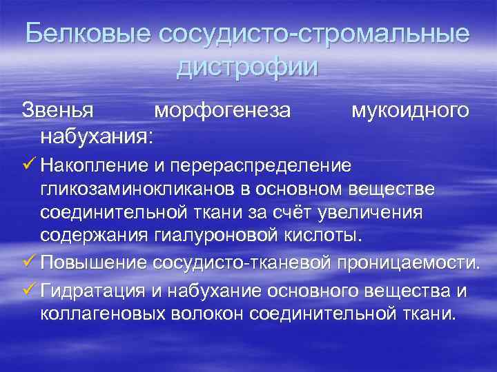 Белковые сосудисто-стромальные дистрофии Звенья морфогенеза набухания: мукоидного ü Накопление и перераспределение гликозаминокликанов в основном