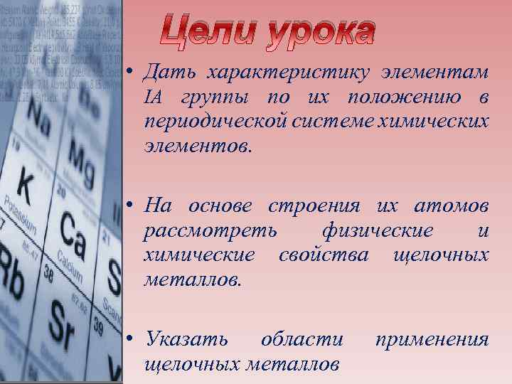 Цели урока • Дать характеристику элементам IA группы по их положению в периодической системе