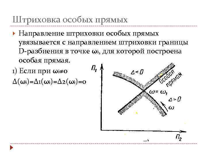 Штриховка особых прямых Направление штриховки особых прямых увязывается с направлением штриховки границы D-разбиения в