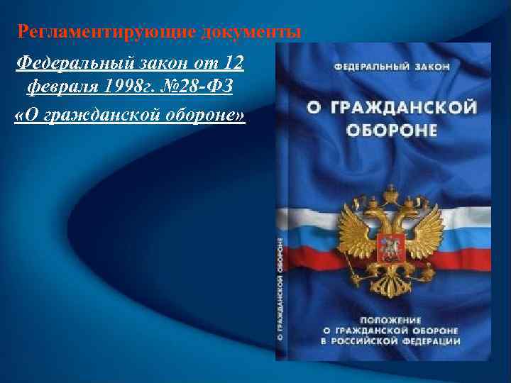Регламентирующие документы Федеральный закон от 12 февраля 1998 г. № 28 -ФЗ «О гражданской