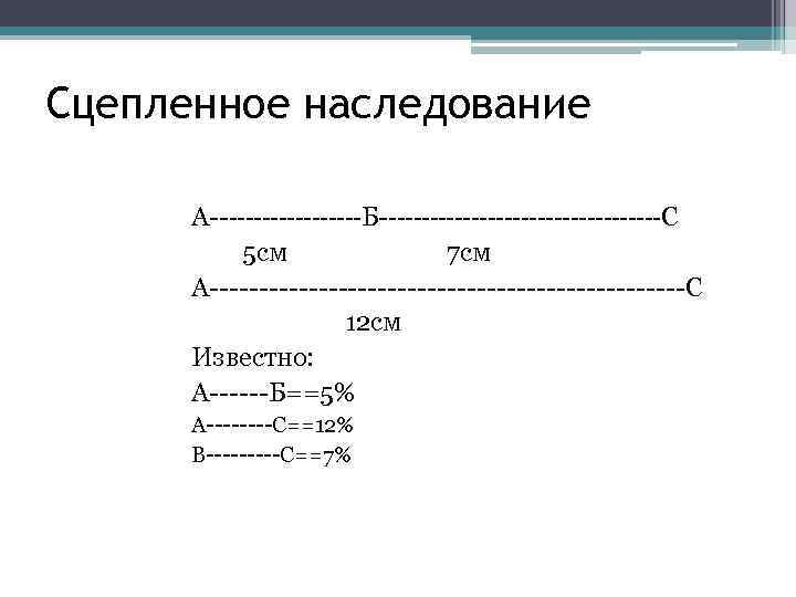 Сцепленное наследование А---------Б-----------------С 5 см 7 см А------------------------С 12 см Известно: А------Б==5% А----С==12% В-----С==7%