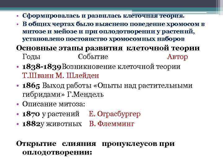  • Сформировалась и развилась клеточная теория. • В общих чертах было выяснено поведение