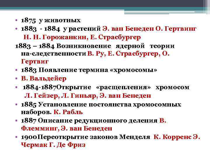  • 1875 у животных • 1883 1884 у растений Э. ван Бенеден О.