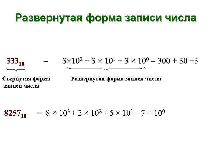 Развернутая форма записи числа 33310 = Свернутая форма записи числа 825710 3× 102 +