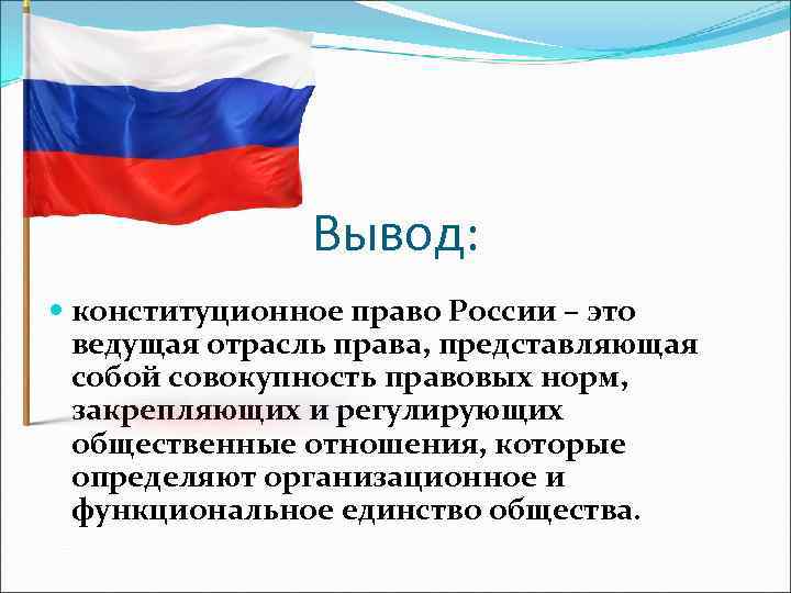 Вывод: конституционное право России – это ведущая отрасль права, представляющая собой совокупность правовых норм,