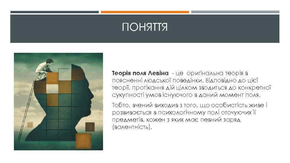 ПОНЯТТЯ Теорія поля Левіна - це оригінальна теорія в поясненні людської поведінки. Відповідно до