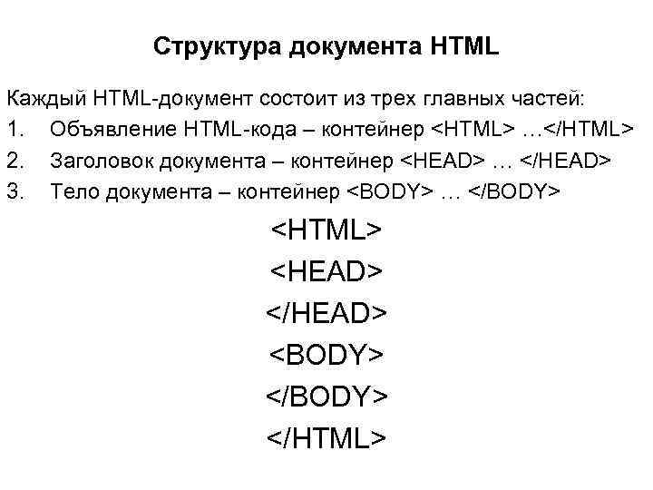 Структура документа HTML Каждый HTML-документ состоит из трех главных частей: 1. Объявление HTML-кода –