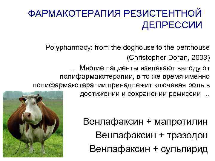 ФАРМАКОТЕРАПИЯ РЕЗИСТЕНТНОЙ ДЕПРЕССИИ Polypharmacy: from the doghouse to the penthouse (Christopher Doran, 2003) …
