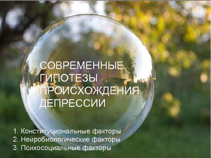 СОВРЕМЕННЫЕ ГИПОТЕЗЫ ПРОИСХОЖДЕНИЯ ДЕПРЕССИИ 1. Конституциональные факторы 2. Нейробиологические факторы 3. Психосоциальные факторы 