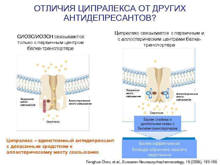 ОТЛИЧИЯ ЦИПРАЛЕКСА ОТ ДРУГИХ АНТИДЕПРЕСАНТОВ? Ципралекс связывается с первичным и с аллостерическим центрами белкатранспортера
