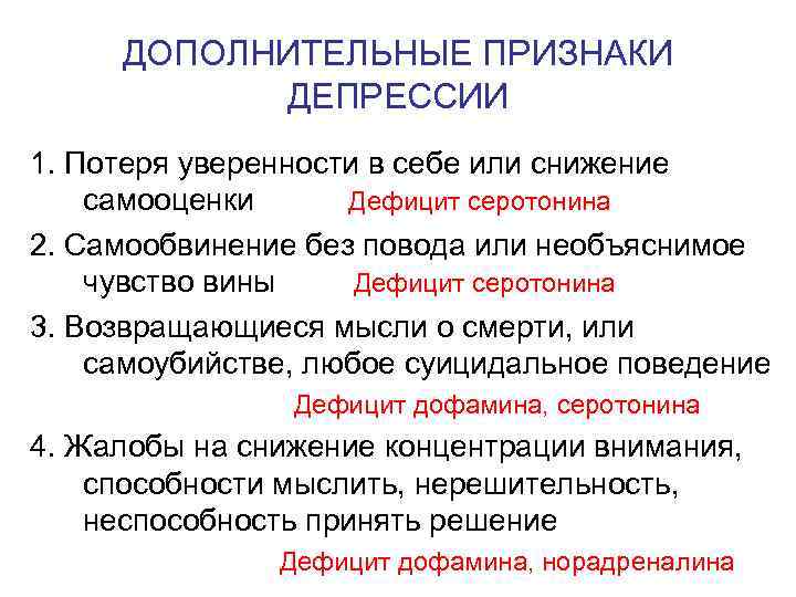 ДОПОЛНИТЕЛЬНЫЕ ПРИЗНАКИ ДЕПРЕССИИ 1. Потеря уверенности в себе или снижение самооценки Дефицит серотонина 2.