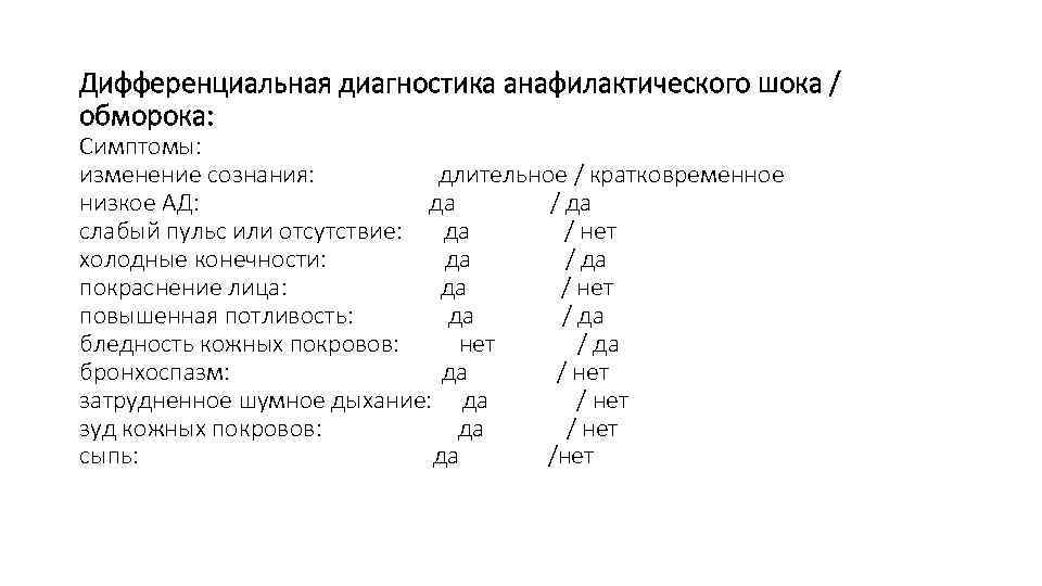 Дифференциальная диагностика анафилактического шока / обморока: Симптомы: изменение сознания: длительное / кратковременное низкое АД: