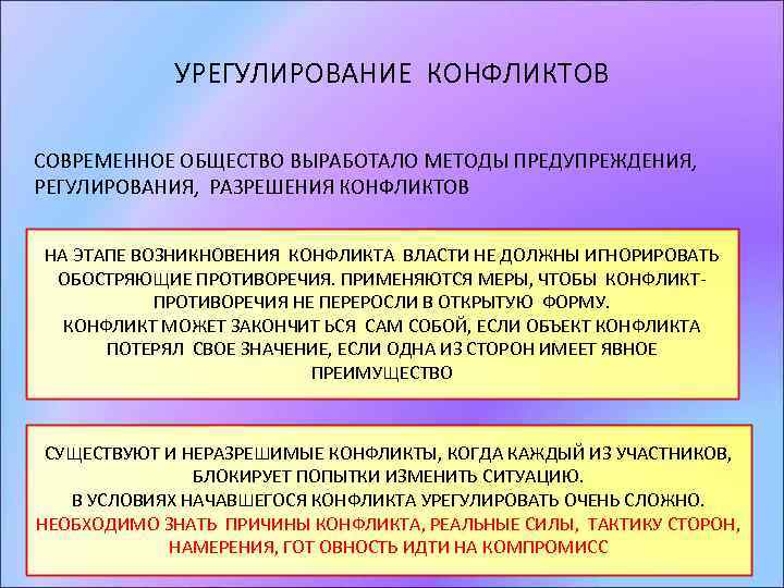 УРЕГУЛИРОВАНИЕ КОНФЛИКТОВ СОВРЕМЕННОЕ ОБЩЕСТВО ВЫРАБОТАЛО МЕТОДЫ ПРЕДУПРЕЖДЕНИЯ, РЕГУЛИРОВАНИЯ, РАЗРЕШЕНИЯ КОНФЛИКТОВ НА ЭТАПЕ ВОЗНИКНОВЕНИЯ КОНФЛИКТА