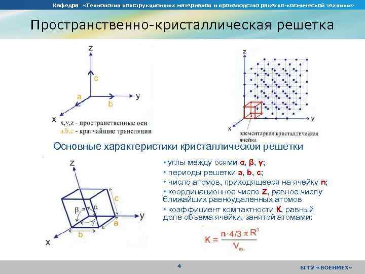 Кафедра «Технология конструкционных материалов и производство ракетно-космической техники» Пространственно-кристаллическая решетка Основные характеристики кристаллической решетки