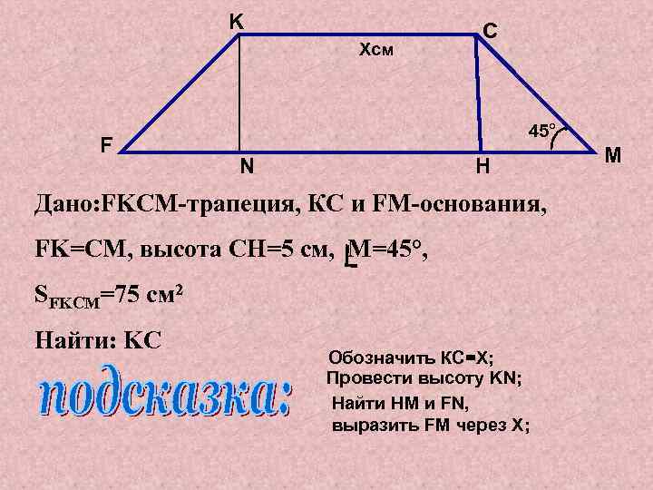 K Xсм F C 45° N H Дано: FKCM-трапеция, КС и FM-основания, FK=CМ, высота