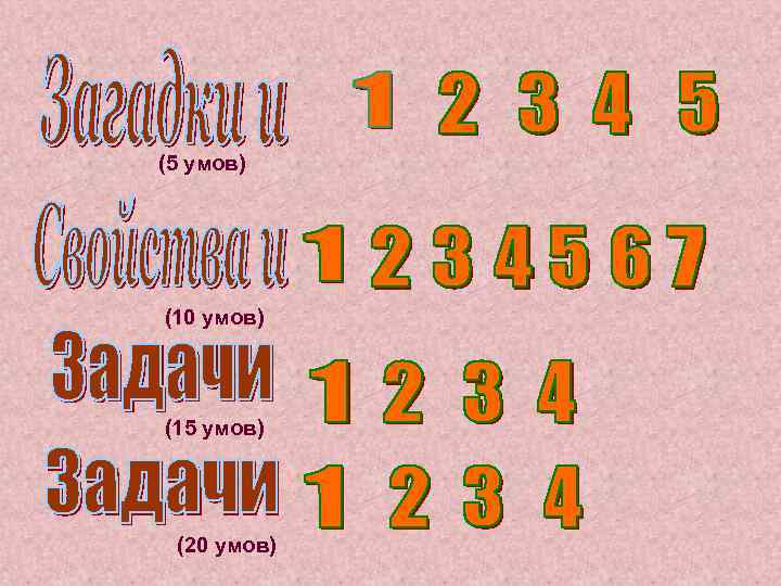 (5 умов) (10 умов) (15 умов) (20 умов) 