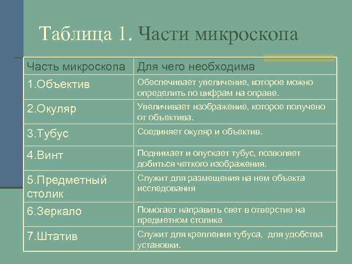 Таблица 1. Части микроскопа Часть микроскопа 1. Объектив Для чего необходима 2. Окуляр Увеличивает