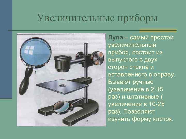 Увеличительные приборы n Лупа – самый простой увеличительный прибор, состоит из выпуклого с двух