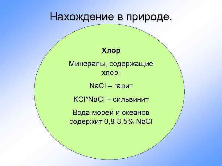 Нахождение в природе. Хлор Минералы, содержащие хлор: Na. Cl – галит KCl*Na. Cl –