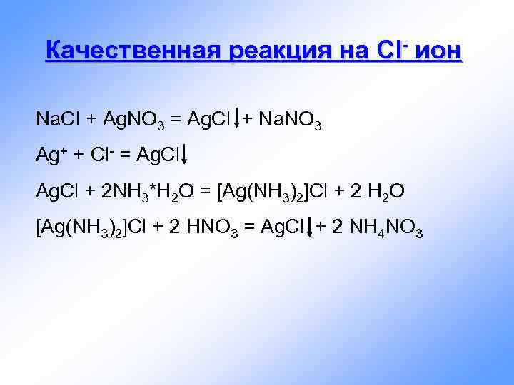Качественная реакция на Cl- ион Na. Cl + Ag. NO 3 = Ag. Cl