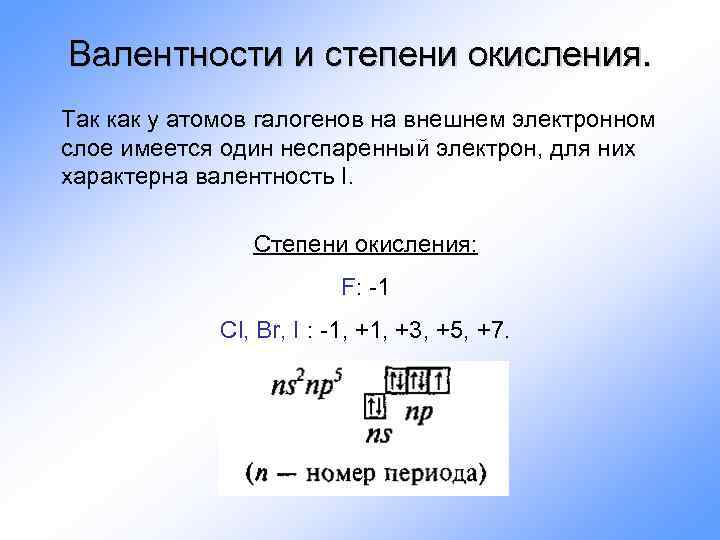 Валентности и степени окисления. Так как у атомов галогенов на внешнем электронном слое имеется