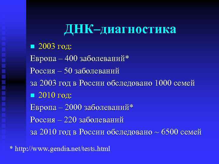 ДНК–диагностика 2003 год: Европа – 400 заболеваний* Россия – 50 заболеваний за 2003 год