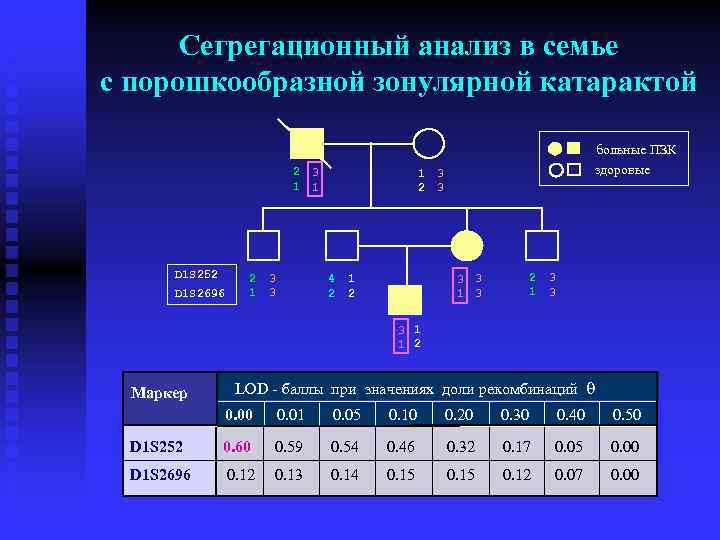 Сегрегационный анализ в семье с порошкообразной зонулярной катарактой больные ПЗК 2 1 D 1