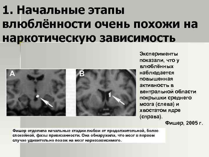 1. Начальные этапы влюблённости очень похожи на наркотическую зависимость Эксперименты показали, что у влюблённых