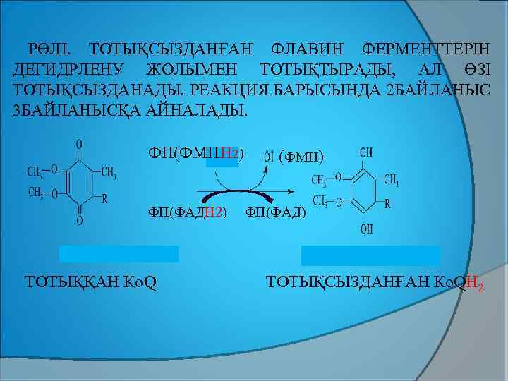 РӨЛІ. ТОТЫҚСЫЗДАНҒАН ФЛАВИН ФЕРМЕНТТЕРІН ДЕГИДРЛЕНУ ЖОЛЫМЕН ТОТЫҚТЫРАДЫ, АЛ ӨЗІ ТОТЫҚСЫЗДАНАДЫ. РЕАКЦИЯ БАРЫСЫНДА 2 БАЙЛАНЫС