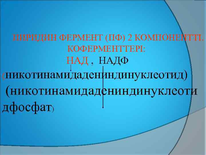ПИРИДИН ФЕРМЕНТ (ПФ) 2 КОМПОНЕНТТІ. КОФЕРМЕНТТЕРІ: НАД , НАДФ ( никотинамидадениндинуклеотид) (никотинамидадениндинуклеоти дфосфат) 