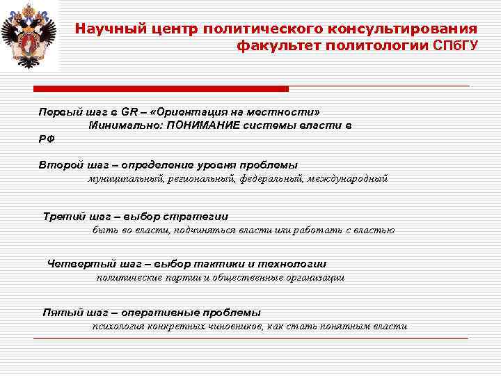 Научный центр политического консультирования факультет политологии СПб. ГУ Первый шаг в GR – «Ориентация