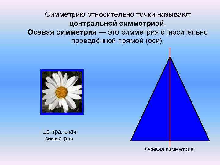 Симметрию относительно точки называют центральной симметрией. Осевая симметрия — это симметрия относительно проведённой прямой