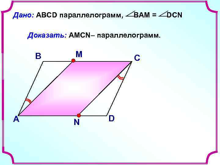 Дано: ABCD параллелограмм, ВАМ = Доказать: AMCN– параллелограмм. В А М N С D