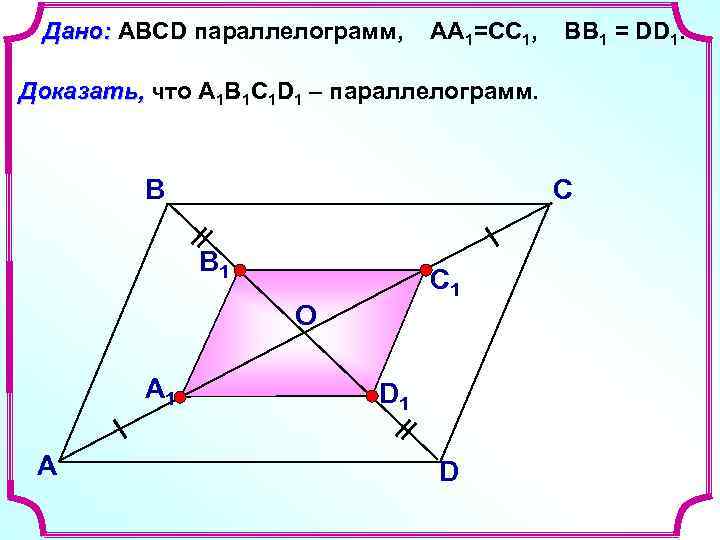 Дано: ABCD параллелограмм, АА 1=СС 1, ВВ 1 = DD 1. Доказать, что А