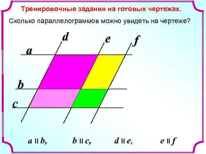 Тренировочные задания на готовых чертежах. Сколько параллелограммов можно увидеть на чертеже? a d e
