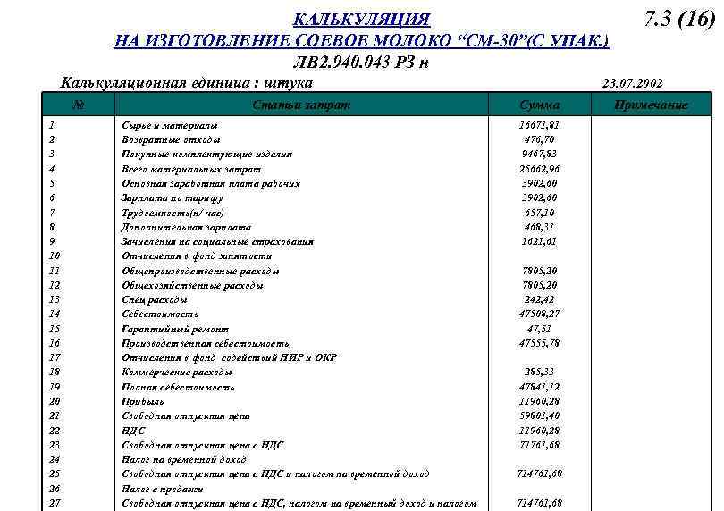 КАЛЬКУЛЯЦИЯ НА ИЗГОТОВЛЕНИЕ СОЕВОЕ МОЛОКО “СМ-30”(С УПАК. ) ЛВ 2. 940. 043 РЗ н