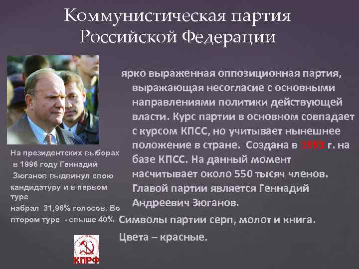 Коммунистическая партия Российской Федерации ярко выраженная оппозиционная партия, выражающая несогласие с основными направлениями политики