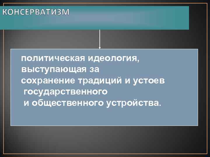 КОНСЕРВАТИЗМ политическая идеология, выступающая за сохранение традиций и устоев государственного и общественного устройства. 