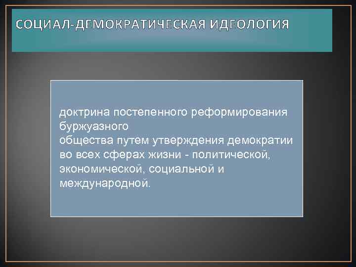 СОЦИАЛ-ДЕМОКРАТИЧЕСКАЯ ИДЕОЛОГИЯ доктрина постепенного реформирования буржуазного общества путем утверждения демократии во всех сферах жизни